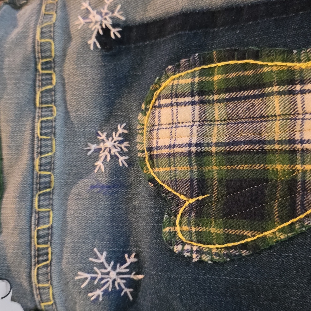 HAND CRAFTED Christmas Stocking UPCYCLED Flannel Fabric Denim Blue Jeans - Picture 4 of 12